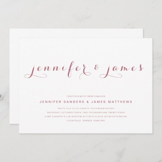 Invitation Rose Gold Simple Élégant Script Moderne Mariage (Devant / Derrière)