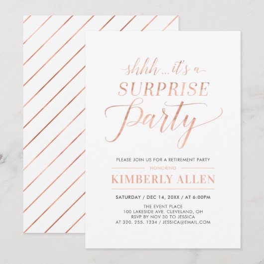 Invitation Rose Gold Simple Moderne Surprise Retraite Party (Devant / Derrière)