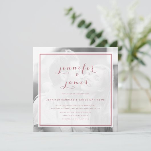Invitation Rose Gold Simple Script Modern Photo Mariage (Debout devant)