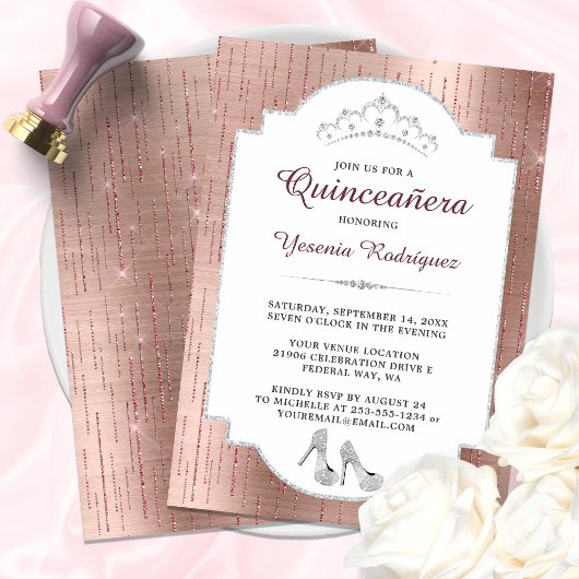 Invitation Rose Gold Sparkle Diamond Tiara Quinceañera