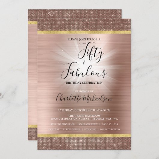 Invitation Rose Gold Sparkle Glam Cinquante et fabuleux Anniv (Devant / Derrière)