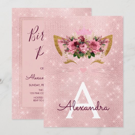 Invitation Rose Gold Sparkle Kitten Fille fête d'anniversaire (Devant / Derrière)