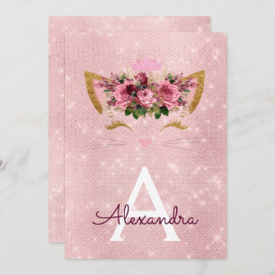 Invitation Rose Gold Sparkle Kitten Fille fête d'anniversaire
