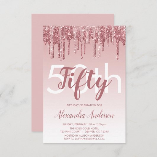 Invitation Rose Gold Sparkle Parties scintillant 50e fête d'a (Devant / Derrière)
