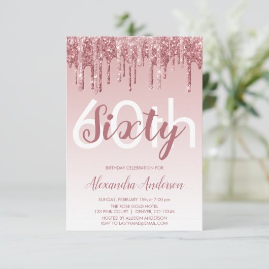 Invitation Rose Gold Sparkle Parties scintillant 60e fête d'a (Debout devant)