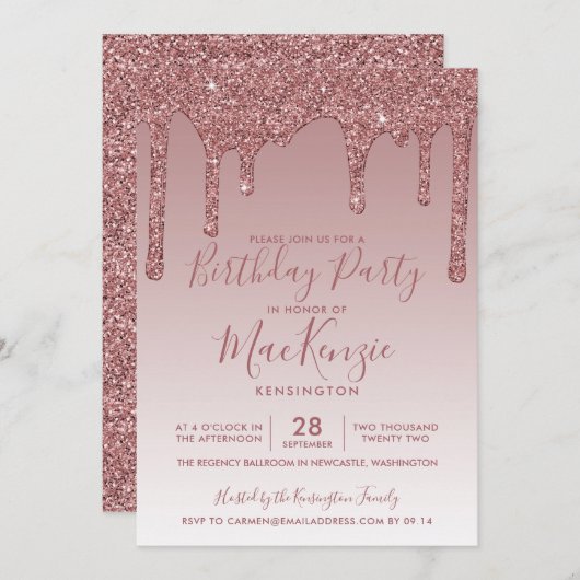Invitation Rose Gold Sparkle Parties scintillant Drives Chaqu (Devant / Derrière)