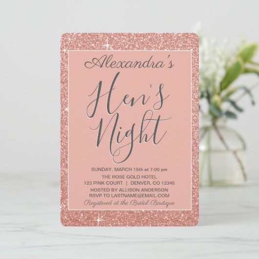 Invitation Rose Gold Sparkle Parties scintillant Hen's Night  (Debout devant)