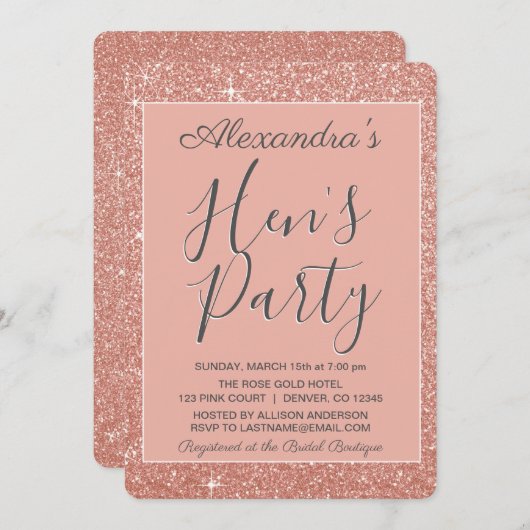 Invitation Rose Gold Sparkle Parties scintillant Hen's Party (Devant / Derrière)