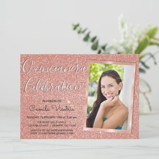 Invitation Rose Gold Sparkle Parties scintillant Quinceañera  (Debout devant)