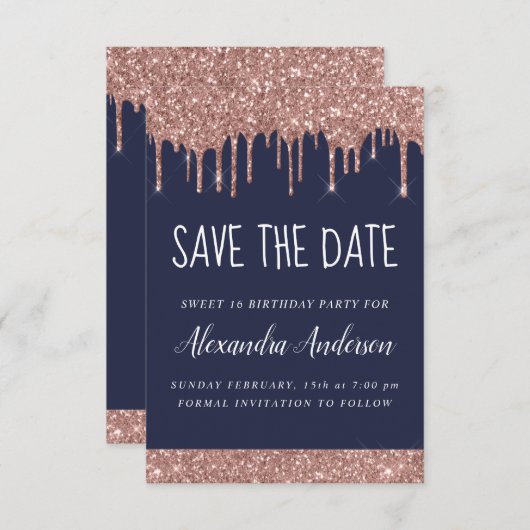 Invitation Rose Gold Sparkle Parties scintillant Sweet 16 Enr (Devant / Derrière)