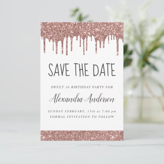 Invitation Rose Gold Sparkle Parties scintillant Sweet 16 Enr (Debout devant)