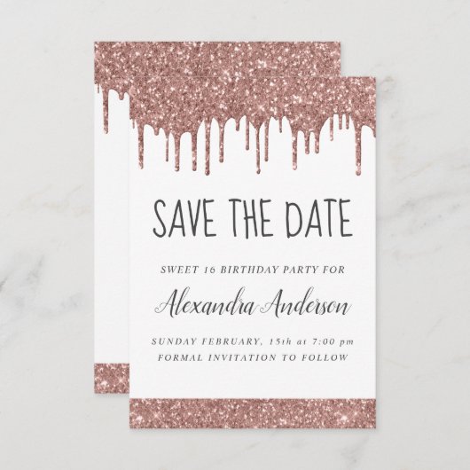 Invitation Rose Gold Sparkle Parties scintillant Sweet 16 Enr (Devant / Derrière)