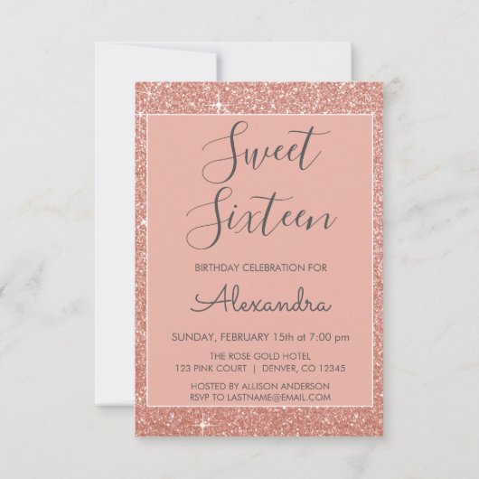 Invitation Rose Gold Sparkle Parties scintillant Sweet sixtee (Dos)