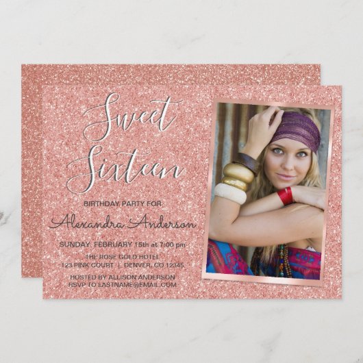 Invitation Rose Gold Sparkle Parties scintillant Sweet sixtee (Devant / Derrière)