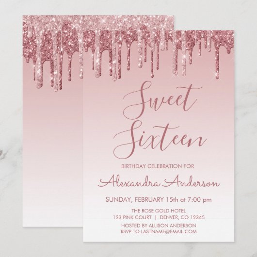 Invitation Rose Gold Sparkle Parties scintillant Sweet sixtee (Devant / Derrière)