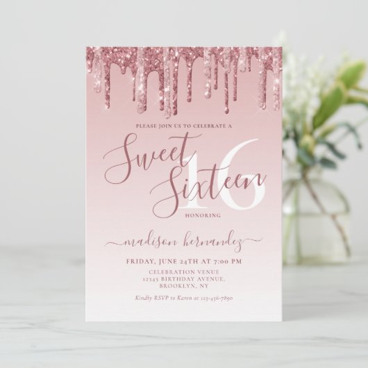 Invitation Rose Gold Sparkle Parties scintillant Sweet sixtee (Debout devant)