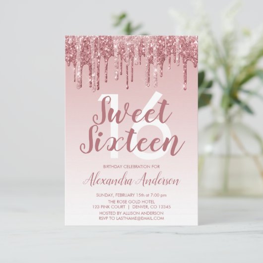 Invitation Rose Gold Sparkle Parties scintillant Sweet sixtee (Debout devant)