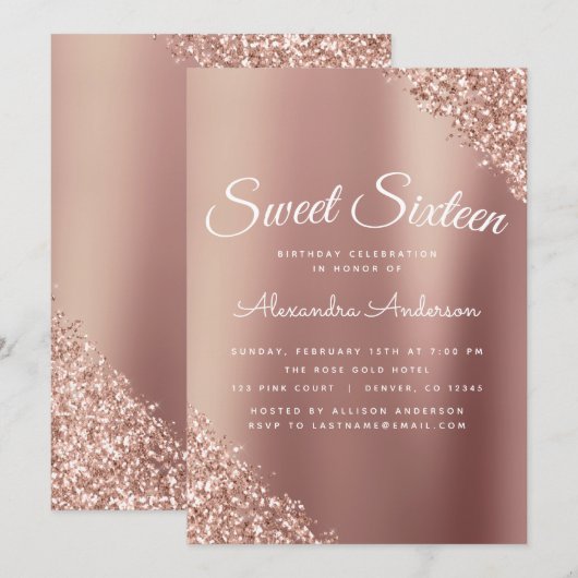 Invitation Rose Gold Sparkle Parties scintillant Sweet sixtee (Devant / Derrière)