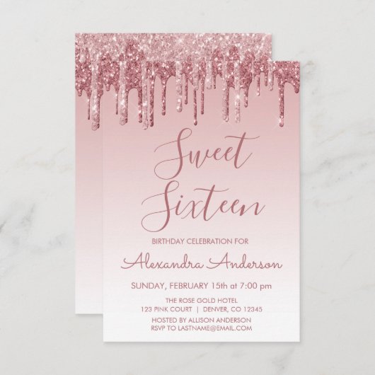 Invitation Rose Gold Sparkle Parties scintillant Sweet sixtee (Devant / Derrière)