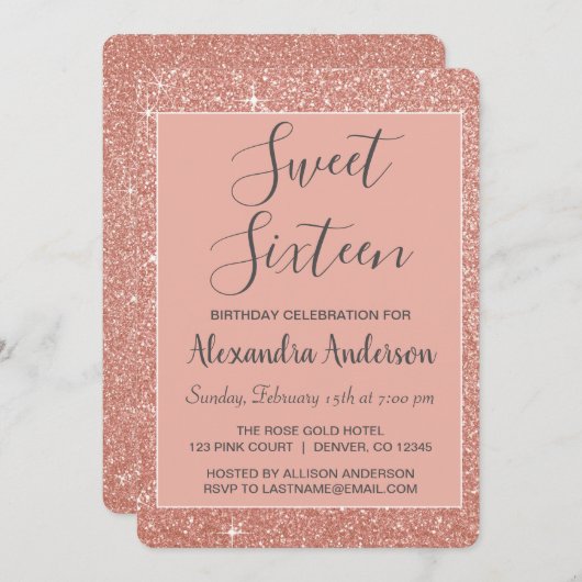 Invitation Rose Gold Sparkle Parties scintillant Sweet sixtee (Devant / Derrière)