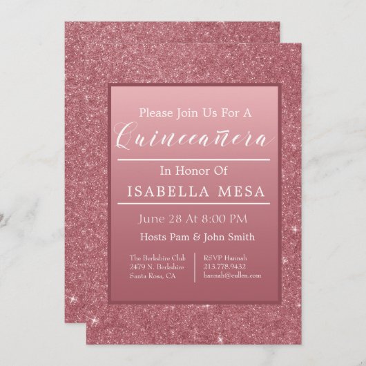 Invitation Rose Gold Sparkle Quinceanera Party (Devant / Derrière)
