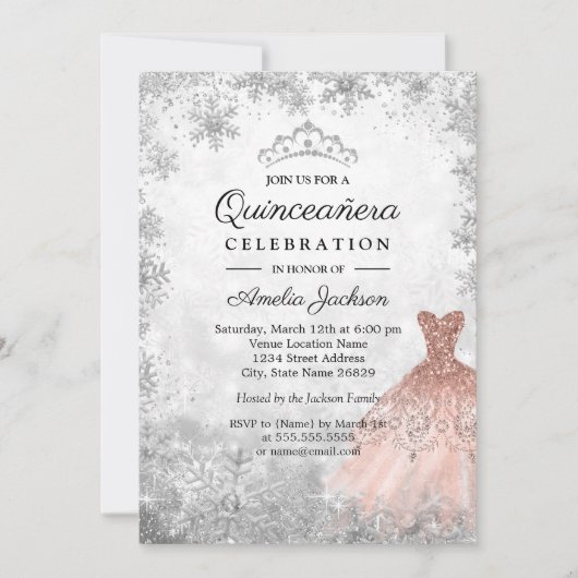 Invitation Rose Gold Sparkle Snowflakes Quinceanera d'hiver (Devant)