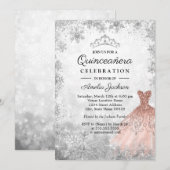 Invitation Rose Gold Sparkle Snowflakes Quinceanera d'hiver (Devant / Derrière)