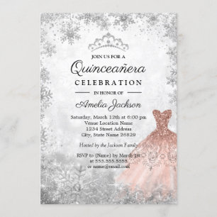 Invitation Rose Gold Sparkle Snowflakes Quinceanera d'hiver