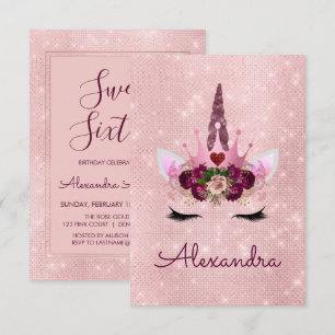 Invitation Rose Gold Sparkle Unicorn Sweet sixteen Anniversai