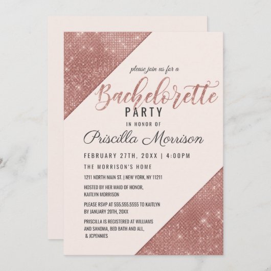 Invitation Rose Gold Sparkling Parties scintillant Sequin Bac (Devant / Derrière)