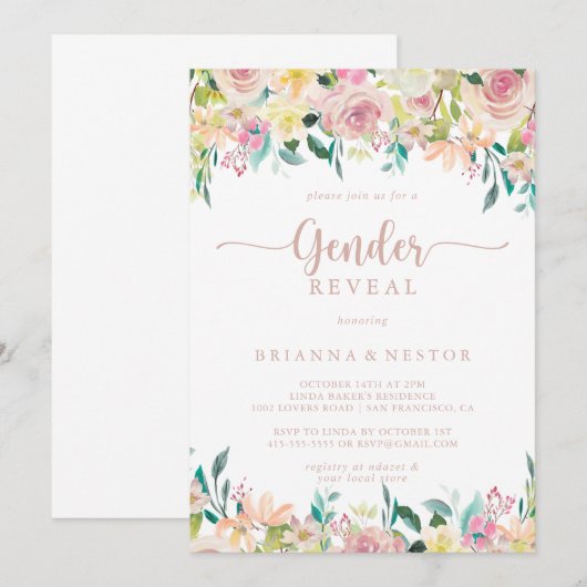 Invitation Rose Gold Spring Floral Genre Revevela Party (Devant / Derrière)