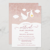 Invitation Rose Gold Star Stork Parties scintillant Baby show (Devant / Derrière)