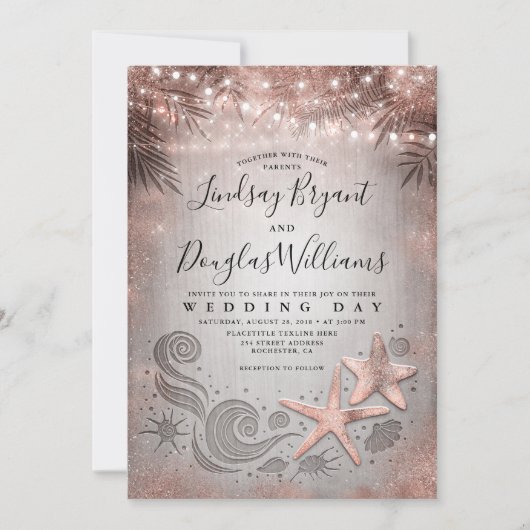 Invitation Rose Gold Starfish Couple Tropical Beach Mariage (Devant)
