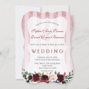 Invitation Rose Gold Stripes Bourgogne Blush Fleurs Mariage