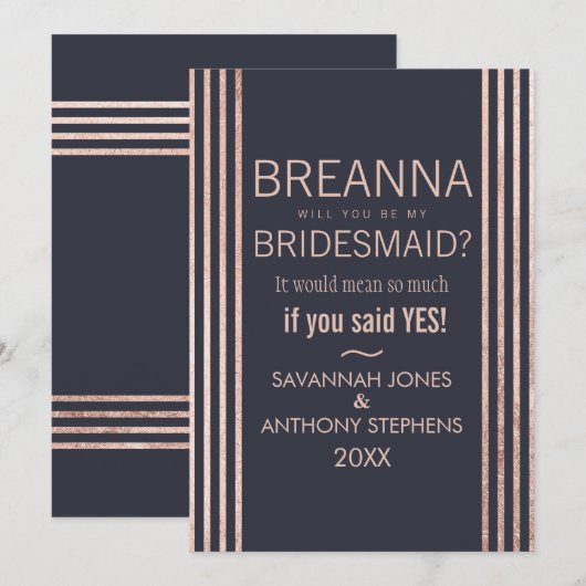 Invitation Rose Gold Stripes et Navy Blue Bridesmaitres (Devant / Derrière)