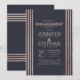 Invitation Rose Gold Stripes et Navy Blue Engagement Party