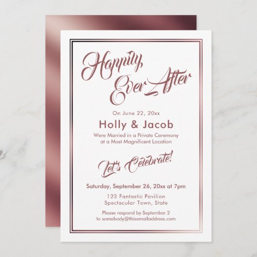 Invitation Rose Gold sur Blanc Happily Ever After Réception (Devant / Derrière)