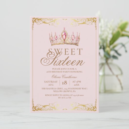 Invitation Rose Gold Sweet 16 couronne Anniversaire (Debout devant)