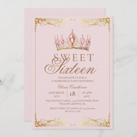 Invitation Rose Gold Sweet 16 couronne Anniversaire (Devant / Derrière)
