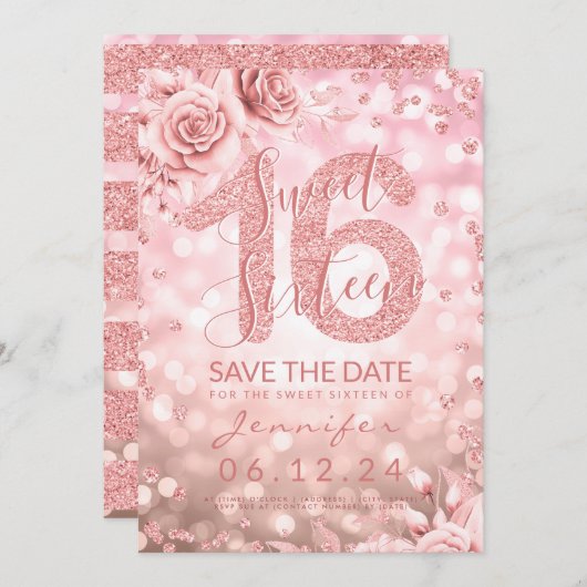 Invitation Rose Gold Sweet 16 Lumières de Parties scintillant (Devant / Derrière)