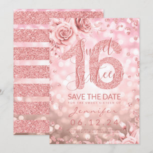Invitation Rose Gold Sweet 16 Lumières de Parties scintillant