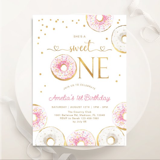 Invitation Rose Gold Sweet One Donuts 1er anniversaire