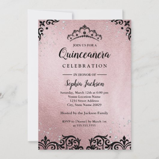Invitation Rose Gold Tiara Damask Quinceanera (Devant)