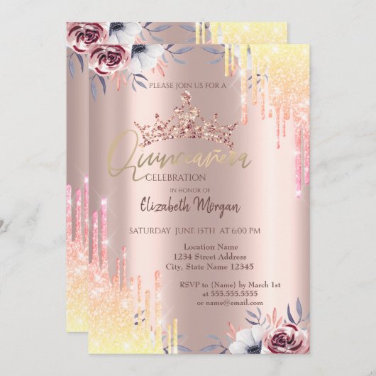 Invitation Rose Gold Tiara Fleurs Quinceañera (Devant / Derrière)