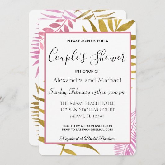 Invitation Rose Gold Tropical Floral Couple's Douche (Devant / Derrière)