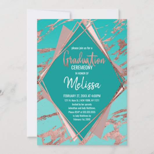 Invitation Rose Gold Turquoise Diamant de marbre vert (Devant)