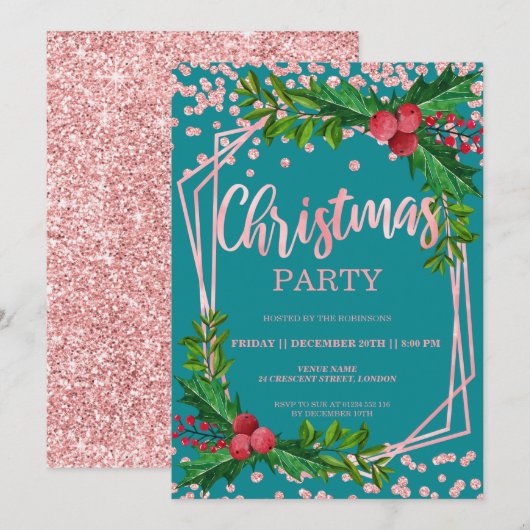Invitation Rose Gold Turquoise Holly Parties scintillant Conf (Devant / Derrière)