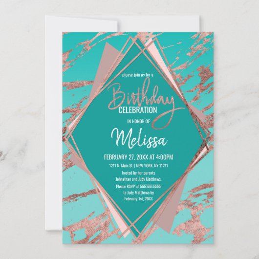 Invitation Rose Gold Turquoise Marbre vert Diamant Anniversai (Devant)