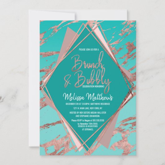 Invitation Rose Gold Turquoise Vert marbre Brunch Bubbly (Devant)