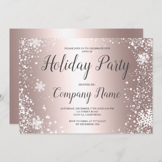 Invitation Rose Gold typographie de flocon de neige entrepris (Devant / Derrière)